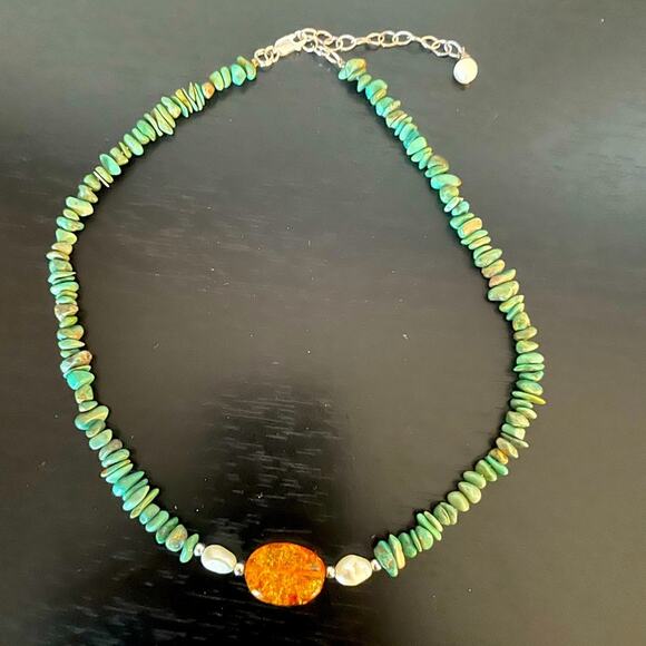 Vintage Jewelry - Vintage Genuine Turquoise, Amber, Pearl and Silver Choker